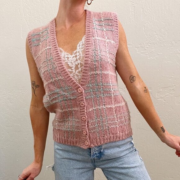 Vintage Sweaters - Vintage Pastel Pink Green Plaid Knit Button Up Sweater Vest